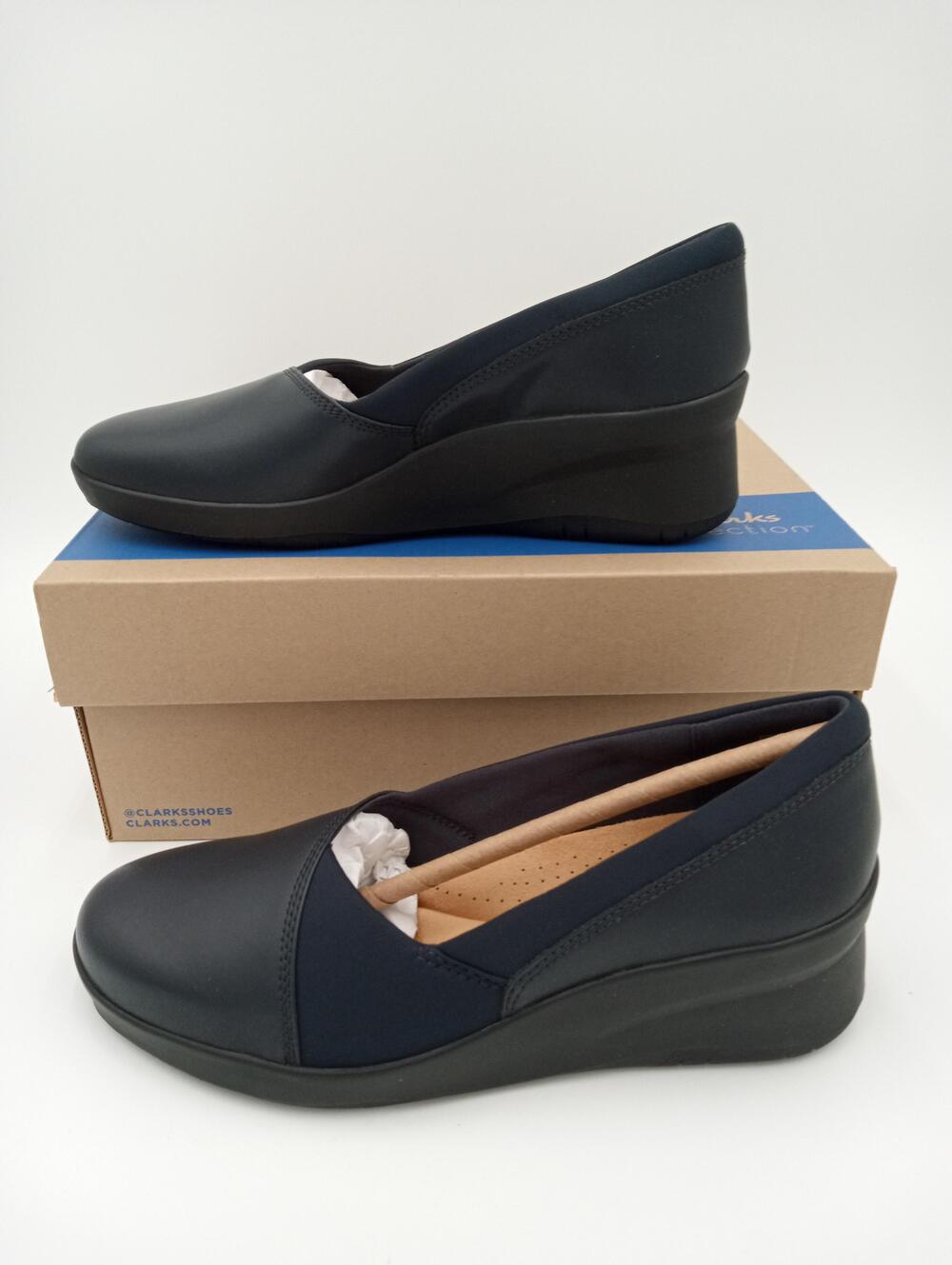 Clarks Shoes Womens Navy Blue Wedge Comfort Slip On Dress Pumps Size 8 M